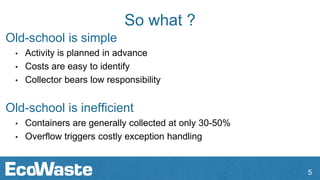 So what ?
Old-school is simple
• Activity is planned in advance
• Costs are easy to identify
• Collector bears low responsibility
Old-school is inefficient
• Containers are generally collected at only 30-50%
• Overflow triggers costly exception handling
5
 