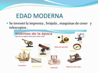 EDAD MODERNA
 Se inventó la imprenta , brújula , maquinas de coser y
telescopios .
 
