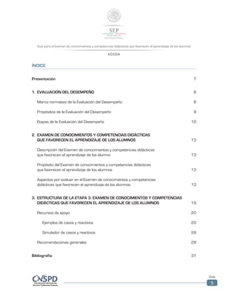 Guía para el Examen de conocimientos y competencias didácticas que favorecen el aprendizaje de los alumnos
ECCDA
Guía
5
ÍNDICE
Presentación	 7
1.	 EVALUACIÓN DEL DESEMPEÑO	 8
Marco normativo de la Evaluación del Desempeño	 8
Propósitos de la Evaluación del Desempeño	 9
Etapas de la Evaluación del Desempeño	 10
2.	 EXAMEN DE CONOCIMIENTOS Y COMPETENCIAS DIDÁCTICAS
QUE FAVORECEN EL APRENDIZAJE DE LOS ALUMNOS	 13
Descripción del Examen de conocimientos y competencias didácticas
que favorecen el aprendizaje de los alumno	 13
Propósito del Examen de conocimientos y competencias didácticas
que favorecen el aprendizaje de los alumnos	 13
Aspectos por evaluar en el Examen de conocimientos y competencias
didácticas que favorecen el aprendizaje de los alumnos	 13
3.	 ESTRUCTURA DE LA ETAPA 3. EXAMEN DE CONOCIMIENTOS Y COMPETENCIAS
DIDÁCTICAS QUE FAVORECEN EL APRENDIZAJE DE LOS ALUMNOS	 19
Recursos de apoyo	 20
Ejemplos de casos y reactivos	 20
Simulador de casos y reactivos	 28
Recomendaciones generales	 28
Bibliografía	 31
 