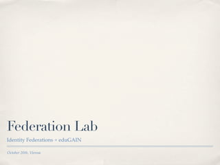 Federation Lab
Identity Federations + eduGAIN

October 20th, Vienna
 