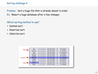 Sorting challenge 4


Problem. Sort a huge file that is already almost in order.
Ex. Resort a huge database after a few changes.


Which sorting method to use?
•   System sort.
•   Insertion sort.
•   Selection sort.




                                                             33
 