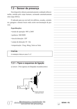 SENAI - RJ
107
07 sensores de presença
Montagem e instalação de
sistema de acionamento e de
7.2 – Sensor de presença
Este dispositivo detecta automaticamente a radiação infraver-
melha, emitida pelo corpo humano, acionando automaticamente
uma carga elétrica.
É indicado para uso em halls de edifícios, escadas, corredo-
res, garagens e demais locais onde existir movimentação de pes-
soas.
Especificações:
• tensão de operação: 90V a 240V
• potência: 300/500W
• área de detecção: 120º
• campo de detecção: R = 6m
• temporização: 15seg, 40seg, 2min ou 5min
A instalação é feita em caixa 4” x 2”.
7.2.1 – Tipos e esquemas de ligação
a) sensor: 2 fios (apenas em lâmpadas incandescentes)
 