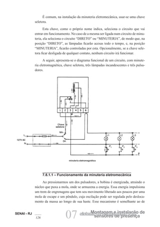 SENAI - RJ
126 07 sensores de presença
Montagem e instalação de
sistema de acionamento e de
É comum, na instalação da minuteria eletromecânica, usar-se uma chave
seletora.
Esta chave, como o próprio nome indica, seleciona o circuito que vai
entrar em funcionamento. No caso de a mesma ser ligada num circuito de minu-
teria, ela seleciona o circuito “DIRETO” ou “MINUTERIA”, de modo que, na
posição “DIRETO”, as lâmpadas ficarão acesas todo o tempo, e, na posição
“MINUTERIA”, ficarão controladas por esta. Opcionalmente, se a chave sele-
tora ficar desligada de qualquer contato, nenhum circuito irá funcionar.
A seguir, apresenta-se o diagrama funcional de um circuito, com minute-
ria eletromagnética, chave seletora, três lâmpadas incandescentes e três pulsa-
dores.
minuteria eletromagnética
7.8.1.1 – Funcionamento da minuteria eletromecânica
Ao pressionarmos um dos pulsadores, a bobina é energizada, atraindo o
núcleo que puxa a mola, onde se armazena a energia. Essa energia impulsiona
um trem de engrenagens que tem seu movimento liberado aos poucos por uma
mola de escape e um pêndulo, cuja oscilação pode ser regulada pelo desloca-
mento da massa ao longo de sua haste. Esse mecanismo é semelhante ao de
127V AC
 