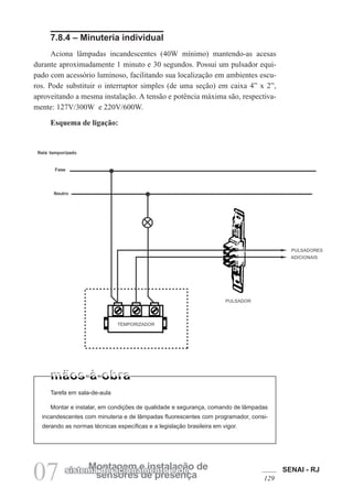 SENAI - RJ
129
07 sensores de presença
Montagem e instalação de
sistema de acionamento e de
7.8.4 – Minuteria individual
Aciona lâmpadas incandescentes (40W mínimo) mantendo-as acesas
durante aproximadamente 1 minuto e 30 segundos. Possui um pulsador equi-
pado com acessório luminoso, facilitando sua localização em ambientes escu-
ros. Pode substituir o interruptor simples (de uma seção) em caixa 4” x 2”,
aproveitando a mesma instalação. A tensão e potência máxima são, respectiva-
mente: 127V/300W e 220V/600W.
Esquema de ligação:
Tarefa em sala-de-aula
Montar e instalar, em condições de qualidade e segurança, comando de lâmpadas
incandescentes com minuteria e de lâmpadas fluorescentes com programador, consi-
derando as normas técnicas específicas e a legislação brasileira em vigor.
 