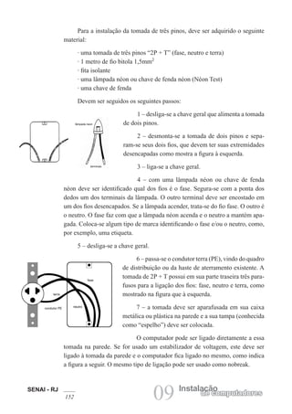 SENAI - RJ
152 09 Instalação
de computadores
Para a instalação da tomada de três pinos, deve ser adquirido o seguinte
material:
· uma tomada de três pinos “2P + T” (fase, neutro e terra)
· 1 metro de fio bitola 1,5mm2
· fita isolante
· uma lâmpada néon ou chave de fenda néon (Néon Test)
· uma chave de fenda
Devem ser seguidos os seguintes passos:
1 – desliga-se a chave geral que alimenta a tomada
de dois pinos.
2 – desmonta-se a tomada de dois pinos e sepa-
ram-se seus dois fios, que devem ter suas extremidades
desencapadas como mostra a figura à esquerda.
3 – liga-se a chave geral.
4 – com uma lâmpada néon ou chave de fenda
néon deve ser identificado qual dos fios é o fase. Segura-se com a ponta dos
dedos um dos terminais da lâmpada. O outro terminal deve ser encostado em
um dos fios desencapados. Se a lâmpada acender, trata-se do fio fase. O outro é
o neutro. O fase faz com que a lâmpada néon acenda e o neutro a mantém apa-
gada. Coloca-se algum tipo de marca identificando o fase e/ou o neutro, como,
por exemplo, uma etiqueta.
5 – desliga-se a chave geral.
6 – passa-se o condutor terra (PE), vindo do quadro
de distribuição ou da haste de aterramento existente. A
tomada de 2P + T possui em sua parte traseira três para-
fusos para a ligação dos fios: fase, neutro e terra, como
mostrado na figura que à esquerda.
7 – a tomada deve ser aparafusada em sua caixa
metálica ou plástica na parede e a sua tampa (conhecida
como “espelho”) deve ser colocada.
O computador pode ser ligado diretamente a essa
tomada na parede. Se for usado um estabilizador de voltagem, este deve ser
ligado à tomada da parede e o computador fica ligado no mesmo, como indica
a figura a seguir. O mesmo tipo de ligação pode ser usado como nobreak.
 