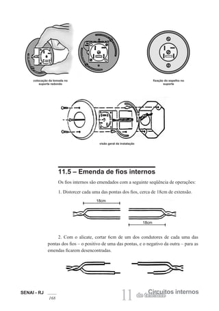 SENAI - RJ
168 11 Circuitos internos
de telefone
11.5 – Emenda de fios internos
Os fios internos são emendados com a seguinte seqüência de operações:
1. Distorcer cada uma das pontas dos fios, cerca de 18cm de extensão.
2. Com o alicate, cortar 6cm de um dos condutores de cada uma das
pontas dos fios – o positivo de uma das pontas, e o negativo da outra – para as
emendas ficarem desencontradas.
colocação da tomada no
suporte redondo
fixação do espelho no
suporte
visão geral da instalação
 