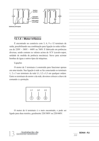 SENAI - RJ
213
13 Instalação de
motores elétricos
13.1.4 – Motor trifásico
É encontrado no comércio com 3, 6, 9 e 12 terminais de
saída, possibilitando sua combinação para ligação às redes trifási-
cas de 220V – 380V – 440V ou 760V. É fabricado em potências
diversas, sendo comuns os valores acima de 1CV (cavalo-vapor,
unidade de medida de potência mecânica). Serve para acionar
bombas de água e outros tipos de máquinas.
Ligações
O motor de 3 terminais é construído para funcionar apenas
em uma tensão. Sua ligação à rede se faz conectando os terminais
1, 2 e 3 aos terminais da rede L1, L2 e L3 em qualquer ordem.
Entre os terminais do motor e da rede, devemos colocar a chave de
comando e a proteção.
O motor de 6 terminais é o mais encontrado, e pode ser
ligado para duas tensões, geralmente 220/380V ou 220/440V.
1
L1
2
L2
3
L3
1 2 5
3 4 6
110V
bobinas principais
1 2 5
3 4 6
220V
bobina
auxiliar
capacitor
eletrolítico
interruptor
centrífugo
 