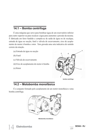 SENAI - RJ
223
14 Eletrobomba
14.1 – Bomba centrífuga
É uma máquina que serve para bombear água de um reservatório inferior
para outro superior ou para recalcar a água para aumentar a pressão da mesma.
É fabricada em ferro fundido e compõe-se de saída de água ou de recalque,
entrada de água ou sucção, funil e válvula de escorvamento, eixo de acopla-
mento do motor à bomba e rotor. Tem gravada uma seta indicativa do sentido
correto da rotação.
(a) Entrada da água ou sucção
(b) Funil
(c) Válvula de escorvamento
(d) Eixo de acoplamento do motor à bomba
(e) Rotor
14.2 – Motobomba monofásica
É o conjunto formado pelo acoplamento de um motor monofásico e uma
bomba centrífuga.
bomba centrífuga
Motobomba monofásica
a
b
c
e d
 