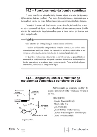 SENAI - RJ
224 14 Eletrobomba
diagrama unifilar
sentido do giro do motor
(c)
a chave de
bóia superior
a chave
seccionadora
(f)
quadro de
comando
(a)
a chave de
bóia inferior
(e)
M
~
(d)
(b)
Caso a bomba gire e não puxe água, há dois casos a considerar:
1- Quando a motobomba está girando ao contrário, verifica-se, na bomba, a seta
que determina o sentido de rotação. Se confirmado o giro ao contrário, troque os ter-
minais da bobina auxiliar, conforme indicação da placa de ligação do motor.
2- Quando a motobomba está girando no sentido correto, há possibilidade de
entrada de ar. Caso isto ocorra, desaperte o parafuso da válvula de escorvamento da
bomba para retirar o ar, e coloque água no seu recipiente. Feche a válvula e ligue a
eletrobomba, verificando se está puxando água.
14.3 – Funcionamento da bomba centrífuga
O rotor, girando em alta velocidade, desloca a água pela ação da força cen-
trífuga para o lado do recalque. Para que a bomba funcione, é necessário que a
tubulação de sucção e o corpo da bomba estejam, completamente cheios de água.
Quando a bomba está funcionando com a instalação hidráulica pronta,
acontece uma vazão de água, provocada pela sucção do rotor ao puxar o líquido
através da canalização, impulsionando-o para a outra caixa, geralmente em
nível mais elevado.
Representação do diagrama unifilar do
circuito com motobomba comandada por chave
de bóia.
DESCRIÇÃO
- Quadro de comando (a);
- Motobomba (b);
- Condutores (c);
- Quantidade de condutores (d);
- Chaves de bóia superior e inferior (e);
- Chave seccionadora (f)
14.4 – Diagramas unifilar e multifilar da
motobomba comandada por chave de bóia
(e)
 