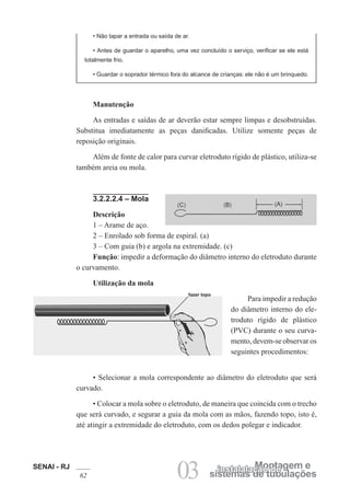 SENAI - RJ
62 03 sistemas de tubulações
Montagem e
instalalação de
• Não tapar a entrada ou saída de ar.
• Antes de guardar o aparelho, uma vez concluído o serviço, verificar se ele está
totalmente frio.
• Guardar o soprador térmico fora do alcance de crianças: ele não é um brinquedo.
Manutenção
As entradas e saídas de ar deverão estar sempre limpas e desobstruídas.
Substitua imediatamente as peças danificadas. Utilize somente peças de
reposição originais.
Além de fonte de calor para curvar eletroduto rígido de plástico, utiliza-se
também areia ou mola.
3.2.2.2.4 – Mola
Descrição
1 – Arame de aço.
2 – Enrolado sob forma de espiral. (a)
3 – Com guia (b) e argola na extremidade. (c)
Função: impedir a deformação do diâmetro interno do eletroduto durante
o curvamento.
Utilização da mola
Para impedir a redução
do diâmetro interno do ele-
troduto rígido de plástico
(PVC) durante o seu curva-
mento, devem-se observar os
seguintes procedimentos:
• Selecionar a mola correspondente ao diâmetro do eletroduto que será
curvado.
• Colocar a mola sobre o eletroduto, de maneira que coincida com o trecho
que será curvado, e segurar a guia da mola com as mãos, fazendo topo, isto é,
até atingir a extremidade do eletroduto, com os dedos polegar e indicador.
fazer topo
 