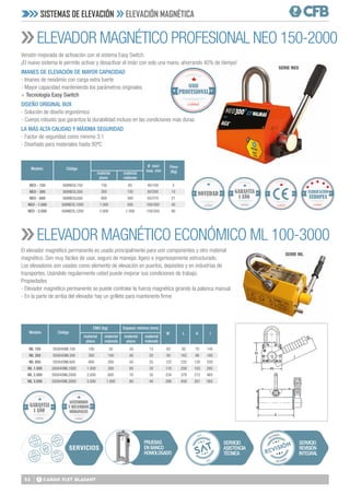 56
NEO - 150
NEO - 300
NEO - 600
NEO - 1.000
NEO - 2.000
568NEOL150
568NEOL300
568NEOL600
568NEOL1000
568NEOL1200
Código
150
300
600
1.000
2.000
65
150
300
500
1.000
material
plano
material
redondo
CMU (kg)
3
10
21
40
90
Peso
(Kg)
40/100
60/200
65/270
100/300
150/350
Ø min/
max. mm
Modelo
SERIE NEO
SERIE ML
593045ML100
593045ML300
593045ML600
593045ML1000
593045ML2000
593045ML3000
Código
92
162
232
258
378
458
L
62
92
122
176
234
286
W
Modelo
70
96
120
163
212
261
H
145
180
220
285
465
565
I
ML 100
ML 300
ML 600
ML 1.000
ML 2.000
ML 3.000
100
300
600
1.000
2.000
3.000
30
100
200
300
600
1.000
material
plano
material
redondo
CMU (kg)
30
40
50
60
70
80
15
20
25
30
35
40
material
plano
material
redondo
Espesor mínimo (mm)
ELEVADOR MAGNÉTICO PROFESIONAL NEO 150-2000
ELEVADOR MAGNÉTICO ECONÓMICO ML 100-3000
Versión mejorada de activación con el sistema Easy Switch.
¡El nuevo sistema le permite activar y desactivar el imán con solo una mano, ahorrando 40% de tiempo!
IMANES DE ELEVACIÓN DE MAYOR CAPACIDAD
- Imanes de neodimio con carga extra fuerte
- Mayor capacidad manteniendo los parámetros originales
+ Tecnología Easy Switch
DISEÑO ORIGINAL BUX
- Solución de diseño ergonómico
- Cuerpo robusto que garantiza la durabilidad incluso en las condiciones más duras
LA MÁS ALTA CALIDAD Y MÁXIMA SEGURIDAD
- Factor de seguridad como minimo 3:1
- Diseñado para materiales hasta 80ºC
El elevador magnético permanente es usado principalmente para unir componentes y otro material
magnético. Son muy fáciles de usar, seguro de manejar, ligero e ingeniosamente estructurado.
Los elevadores son usados como elemento de elevación en puertos, depósitos y en industrias de
transportes. Usándolo regularmente usted puede mejorar sus condiciones de trabajo.
Propiedades
- Elevador magnético permanente se puede controlar la fuerza magnética girando la palanca manual.
- En la parte de arriba del elevador hay un grillete para mantenerlo firme
Calidad
GARANTIA
1 AÑO
Calidad
GARANTIA
1 AÑO
Calidad
NOVEDAD
SERVICIO
REVISIÓN
INTEGRAL
SERVICIO
ASISTENCIA
TÉCNICA
SERVICIOS
PRUEBAS
EN BANCO
HOMOLOGADO
SISTEMAS DE ELEVACIÓN ELEVACIÓN MAGNÉTICA
Calidad
SERIE
PROFESIONAL
Calidad
Calidad
ACCESORIOS
Y RECAMBIOS
ORIGINALES
 