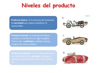 Niveles del producto
Producto básico. Es la esencia del producto,
la necesidad que espera satisfacer el
consumidor.
Producto formal. Es el producto básico
cuando se transforma en algo tangible.
Tiene unas cualidades: calidad, envase,
imagen de marca, diseño…
Producto ampliado. Es el producto formal al
que se añaden otras ventajas: entrega a
domicilio, servicio postventa, financiación,
etc…
 