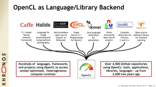 © Copyright Khronos Group 2017 - Page 18
OpenCL as Language/Library Backend
C++ based
Neural
network
framework
MulticoreWare
open source
project on
Bitbucket
Compiler
directives for
Fortran,
C and C++
Java language
extensions
for
parallelism
Language for
image
processing and
computational
photography
Single
Source C++
Programming
for OpenCL
Hundreds of languages, frameworks
and projects using OpenCL to access
vendor-optimized, heterogeneous
compute runtimes
Vision
processing
open source
project
Open source
software library
for machine
learning
Over 4,000 GitHub repositories
using OpenCL: tools, applications,
libraries, languages - up from
2,000 two years ago
 