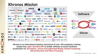 © Copyright Khronos Group 2017 - Page 2
Khronos Mission
Software
Silicon
Khronos is an International Industry Consortium of over 100 companies creating
royalty-free, Open Standard APIs to enable software to access hardware
acceleration for 3D Graphics, Virtual and Augmented Reality, Parallel Computing,
Neural Networks and Vision Processing
 