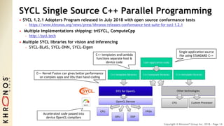 Copyright © Khronos® Group Inc. 2018 - Page 14
SYCL Single Source C++ Parallel Programming
• SYCL 1.2.1 Adopters Program r...