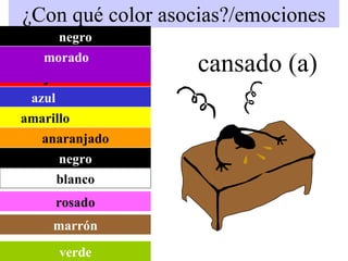 ¿Con qué color asocias?/emociones cansado (a) rojo  azul   amarillo  anaranjado negro morado   blanco negro rosado marrón verde 