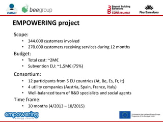 Scope:
• 344.000 customers involved
• 270.000 customers receiving services during 12 months
Budget:
• Total cost: ~2M€
• Subvention EU: ~1,5M€ (75%)
Consortium:
• 12 participants from 5 EU countries (At, Be, Es, Fr, It)
• 4 utility companies (Austria, Spain, France, Italy)
• Well-balanced team of R&D specialists and social agents
Time frame:
• 30 months (4/2013 – 10/2015)
EMPOWERING project
 