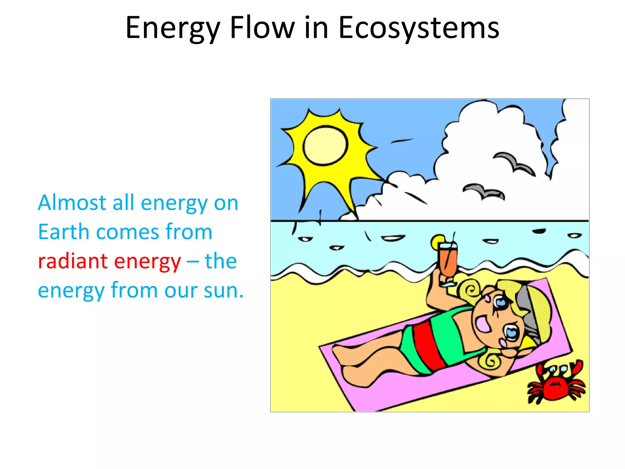 Energy Flow in Ecosystems
Almost all energy on
Earth comes from
radiant energy – the
energy from our sun.
 