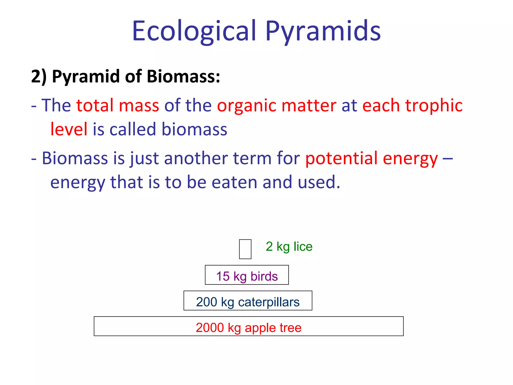 2) Pyramid of Biomass:
- The total mass of the organic matter at each trophic
level is called biomass
- Biomass is just another term for potential energy –
energy that is to be eaten and used.
Ecological Pyramids
2 kg lice
15 kg birds
200 kg caterpillars
2000 kg apple tree
 