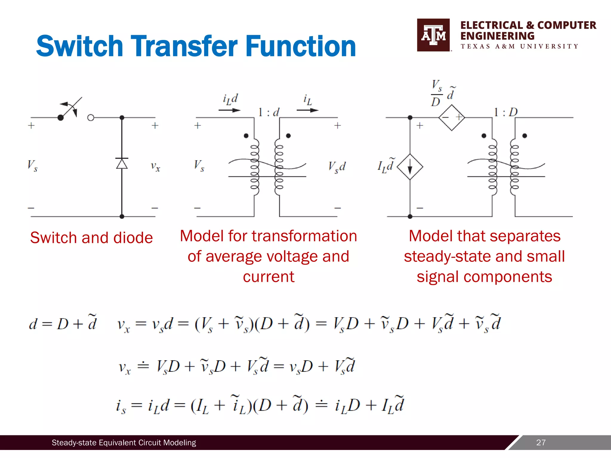 27
Steady-state Equivalent Circuit Modeling
Switch Transfer Function
Switch and diode Model for transformation
of average voltage and
current
Model that separates
steady-state and small
signal components
 