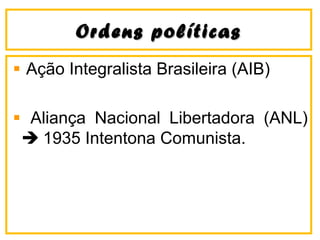 OOrrddeennss ppoollííttiiccaass 
Ação Integralista Brasileira (AIB) 
Aliança Nacional Libertadora (ANL) 
 1935 Intentona Comunista. 
 