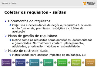 Gerência de Projetos




  Coletar os requisitos - saídas

   Documentos de requisitos:
          Objetivos e necessidades de negócio, requisitos funcionais
           e não funcionais, premissas, restrições e critérios de
           aceitação
   Plano de gestão de requisitos:
          Define como os requisitos serão analisados, documentados
           e gerenciados. Normalmente contém: planejamento,
           atividades, priorização, métricas e rastreabilidade
   Matriz de rastreabilidade:
          Matriz usada para analisar impactos de mudanças. Ex:
                                                                           Elementos
Demandas               Objetivos do                           Elementos        de        Elementos
                                      Requisitos   Entregas
de negócio               projeto                              de projeto   desenvolvi-    de teste
                                                                             mento
 