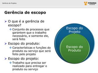 Gerência de Projetos




  Gerência de escopo

   O que é a gerência de
    escopo?
          Conjunto de processos que      Escopo do
           garantem que o trabalho         Projeto
           necessário, e somente ele,
           será feito
   Escopo do produto:
          Características e funções do   Escopo do
           produto ou serviço que será     Produto
           feito pelo projeto
   Escopo do projeto:
          Trabalho que precisa ser
           realizado para entregar o
           produto ou serviço
 