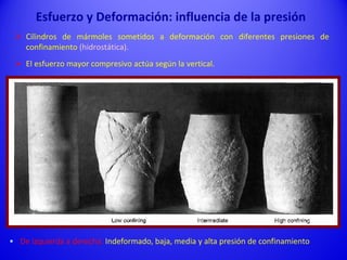  Cilindros de mármoles sometidos a deformación con diferentes presiones de
confinamiento (hidrostática).
 El esfuerzo mayor compresivo actúa según la vertical.
• De izquierda a derecha: Indeformado, baja, media y alta presión de confinamiento
Esfuerzo y Deformación: influencia de la presión
 