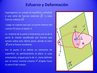  Supongamos un cuerpo en equilibrio, sometido
a una serie de fuerzas externas (f) y unas
fuerzas másicas (b)
 Luego se supone que por un punto interno del
cuerpo (P) pasa un plano p.
 La materia de la parte A interactúa con la de la
parte B, siendo equilibrada por fuerzas que
actúan sobre esta última parte, donde el valor
Df será la fuerza resultante.
 Por el punto P se define un elemento de
superficie Ds, perteneciente al plano p, cuya
orientación, al igual que la de p, viene definida
por el vector normal unitario n. dirigido hacia
la parte B del cuerpo.
P
Df
Df
Df
Esfuerzo y Deformación
 