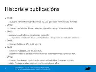 Este traballo ten a licenza Creative Commons Atribución 3.0.
Para ver unha copia da licenza visite http://tinyurl.com/2v352h6
Historia e publicacións
● 1999:
● Outubro: Ramón Flores traduce Xfce 3.2.5 ao galego en normativa de mínimos
● 2000:
● Xaneiro: Jesús Bravo Álvarez adapta a tradución á antiga normativa oficial
● 2006:
● Agosto: Leandro Regueiro retoma a tradución
– Importanse as traducións desde Launchpad debido á desaparición das traducións anteriores
● 2007:
● Xaneiro: Publicase Xfce 4.4.0 ao 41%
● 2009:
● Febreiro: Publicase Xfce 4.6.0 ao 70%
● Decembro: O nivel de tradución do núcleo e os compoñentes superou o 90%
● 2010:
● Xaneiro: Comézase a traducir a documentación de Xfce. Comeza a revisión
● Maio: O galego acada o segundo posto no núcleo de Xfce
 
