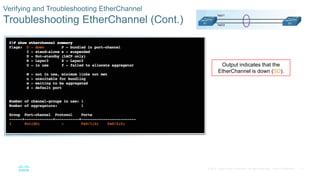 17© 2016 Cisco and/or its affiliates. All rights reserved. Cisco Confidential
Verifying and Troubleshooting EtherChannel
Troubleshooting EtherChannel (Cont.)
Output indicates that the
EtherChannel is down (SD).
 