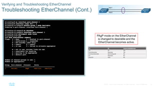 19© 2016 Cisco and/or its affiliates. All rights reserved. Cisco Confidential
Verifying and Troubleshooting EtherChannel
Troubleshooting EtherChannel (Cont.)
PAgP mode on the EtherChannel
is changed to desirable and the
EtherChannel becomes active.
 