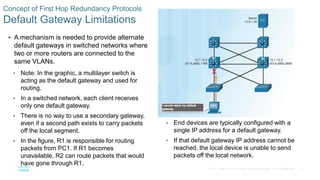 21© 2016 Cisco and/or its affiliates. All rights reserved. Cisco Confidential
Concept of First Hop Redundancy Protocols
Default Gateway Limitations
 A mechanism is needed to provide alternate
default gateways in switched networks where
two or more routers are connected to the
same VLANs.
• Note: In the graphic, a multilayer switch is
acting as the default gateway and used for
routing.
• In a switched network, each client receives
only one default gateway.
• There is no way to use a secondary gateway,
even if a second path exists to carry packets
off the local segment.
• In the figure, R1 is responsible for routing
packets from PC1. If R1 becomes
unavailable, R2 can route packets that would
have gone through R1.
• End devices are typically configured with a
single IP address for a default gateway.
• If that default gateway IP address cannot be
reached, the local device is unable to send
packets off the local network.
 