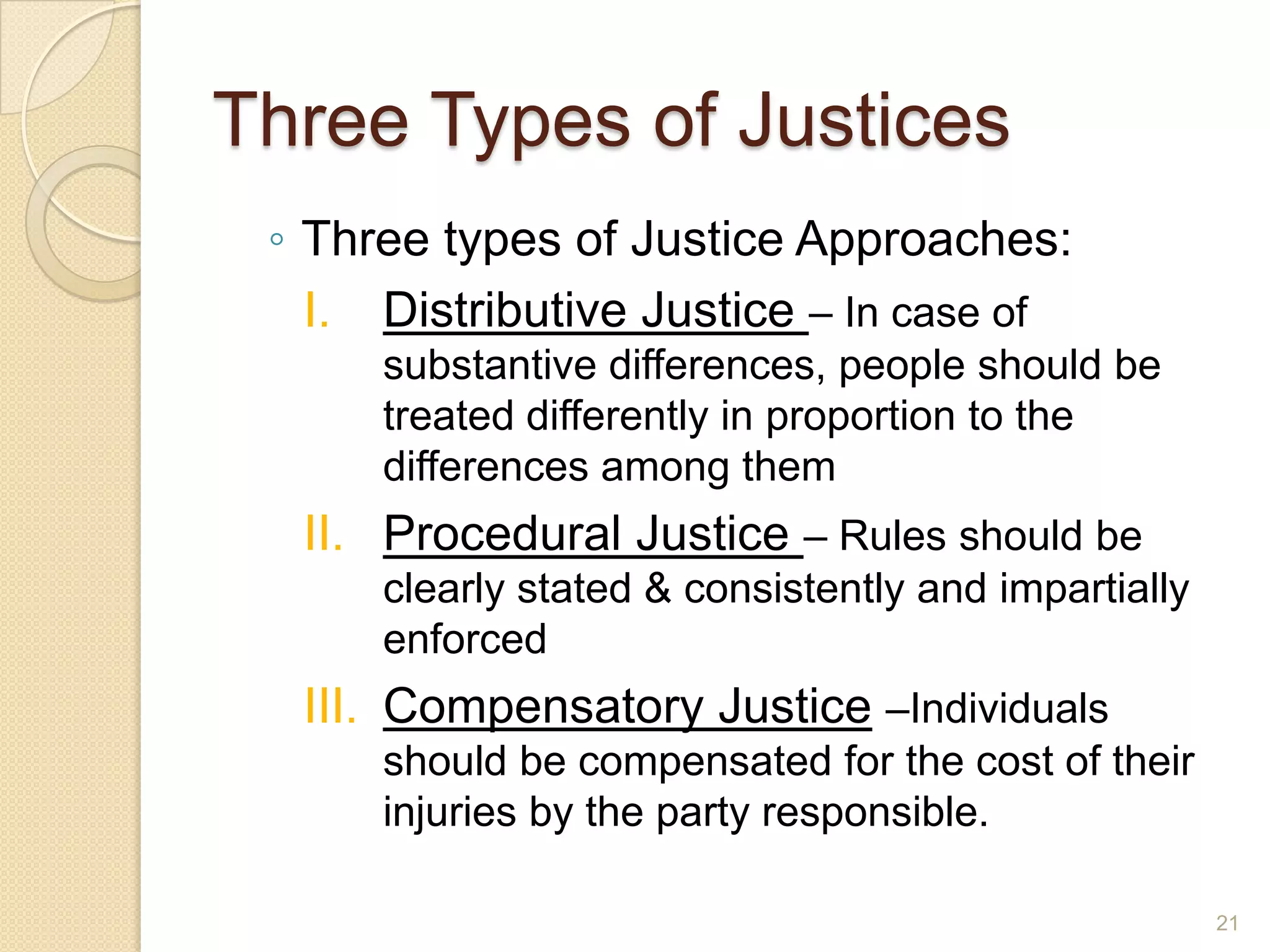 Three Types of Justices
◦ Three types of Justice Approaches:
I. Distributive Justice – In case of
substantive differences, people should be
treated differently in proportion to the
differences among them

II. Procedural Justice – Rules should be
clearly stated & consistently and impartially
enforced

III. Compensatory Justice –Individuals
should be compensated for the cost of their
injuries by the party responsible.
21

 