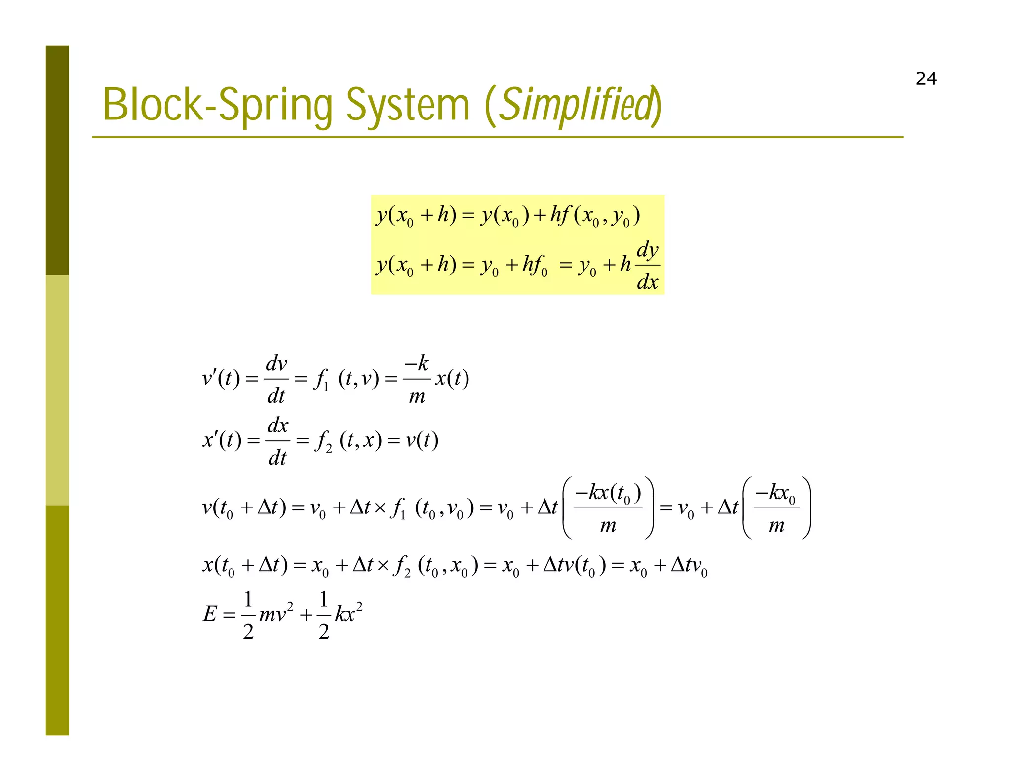 24
Block-Spring System (Simplified)
1
2
0 0
0 0 1 0 0 0 0
0 0 2 0 0 0 0 0 0
2 2
( ) ( , ) ( )
( ) ( , ) ( )
( )
( ) ( , )
( ) ( , ) ( )
1 1
2 2
dv k
v t f t v x t
dt m
dx
x t f t x v t
dt
kx t kx
v t t v t f t v v t v t
m m
x t t x t f t x x tv t x tv
E mv kx

   
   
   
 
           
   
   
           
 
0 0 0 0
0 0 0 0
( ) ( ) ( , )
( )
y x h y x hf x y
dy
y x h y hf y h
dx
  
    
 