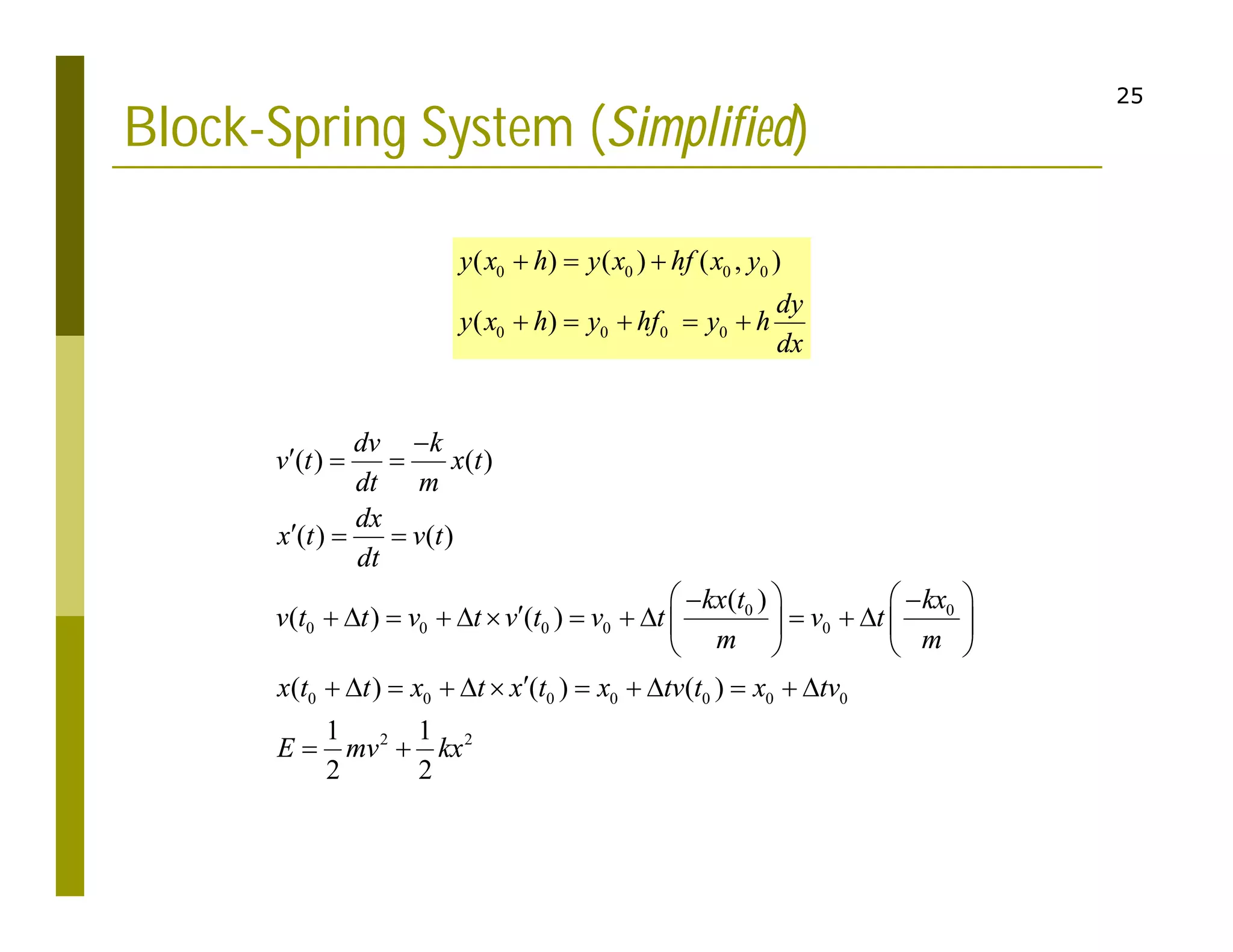 25
Block-Spring System (Simplified)
0 0
0 0 0 0 0
0 0 0 0 0 0 0
2 2
( ) ( )
( ) ( )
( )
( ) ( )
( ) ( ) ( )
1 1
2 2
dv k
v t x t
dt m
dx
x t v t
dt
kx t kx
v t t v t v t v t v t
m m
x t t x t x t x tv t x tv
E mv kx

  
  
   
 

           
   
   

           
 
0 0 0 0
0 0 0 0
( ) ( ) ( , )
( )
y x h y x hf x y
dy
y x h y hf y h
dx
  
    
 