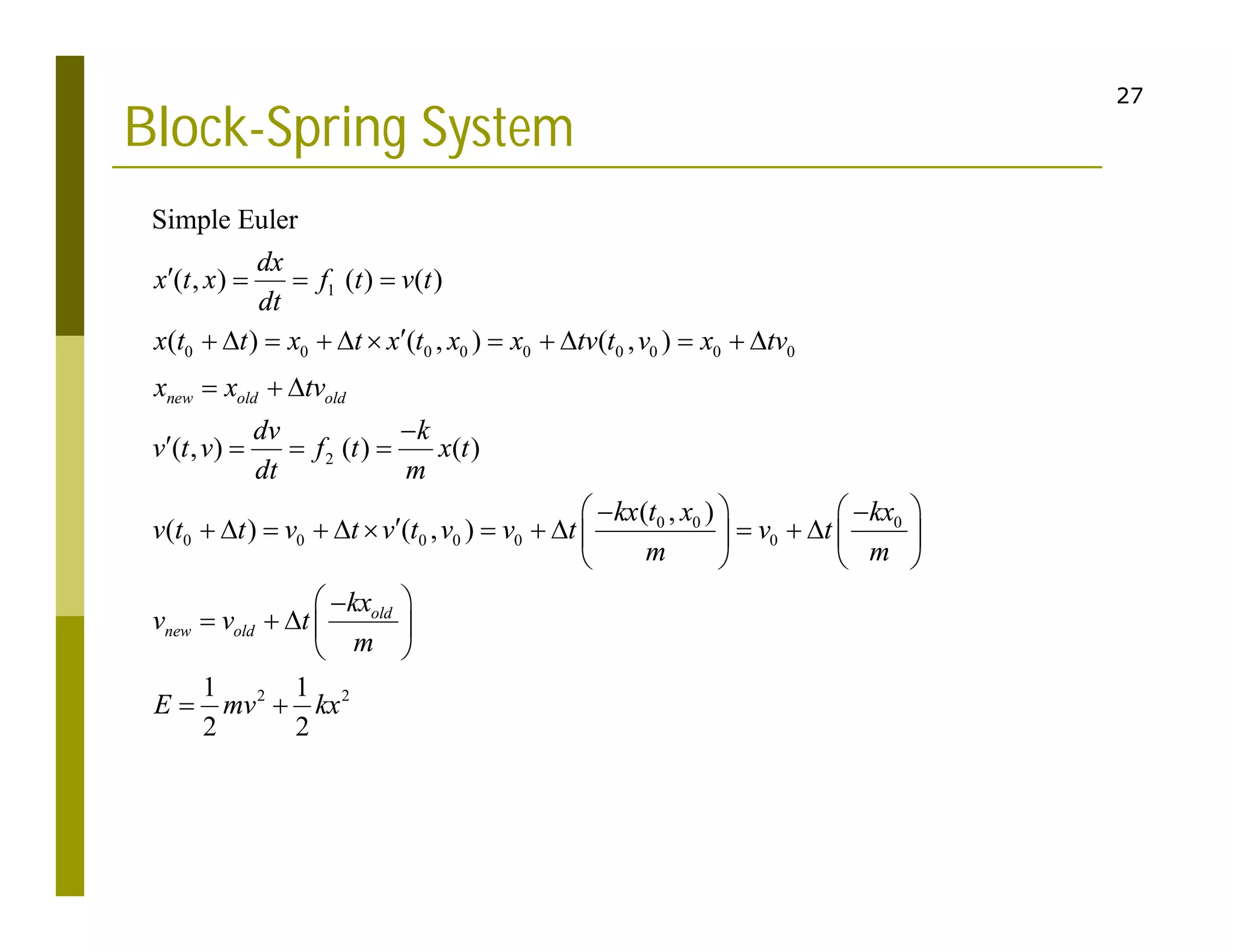 27
Block-Spring System
1
0 0 0 0 0 0 0 0 0
2
0 0 0
0 0 0 0 0 0
Simple Euler
( , ) ( ) ( )
( ) ( , ) ( , )
( , ) ( ) ( )
( , )
( ) ( , )
new old old
new old
dx
x t x f t v t
dt
x t t x t x t x x tv t v x tv
x x tv
dv k
v t v f t x t
dt m
kx t x kx
v t t v t v t v v t v t
m m
v v t
   

           
  

   
   
 

           
   
   

  
2 2
1 1
2 2
old
kx
m
E mv kx
 
 
 
 
 