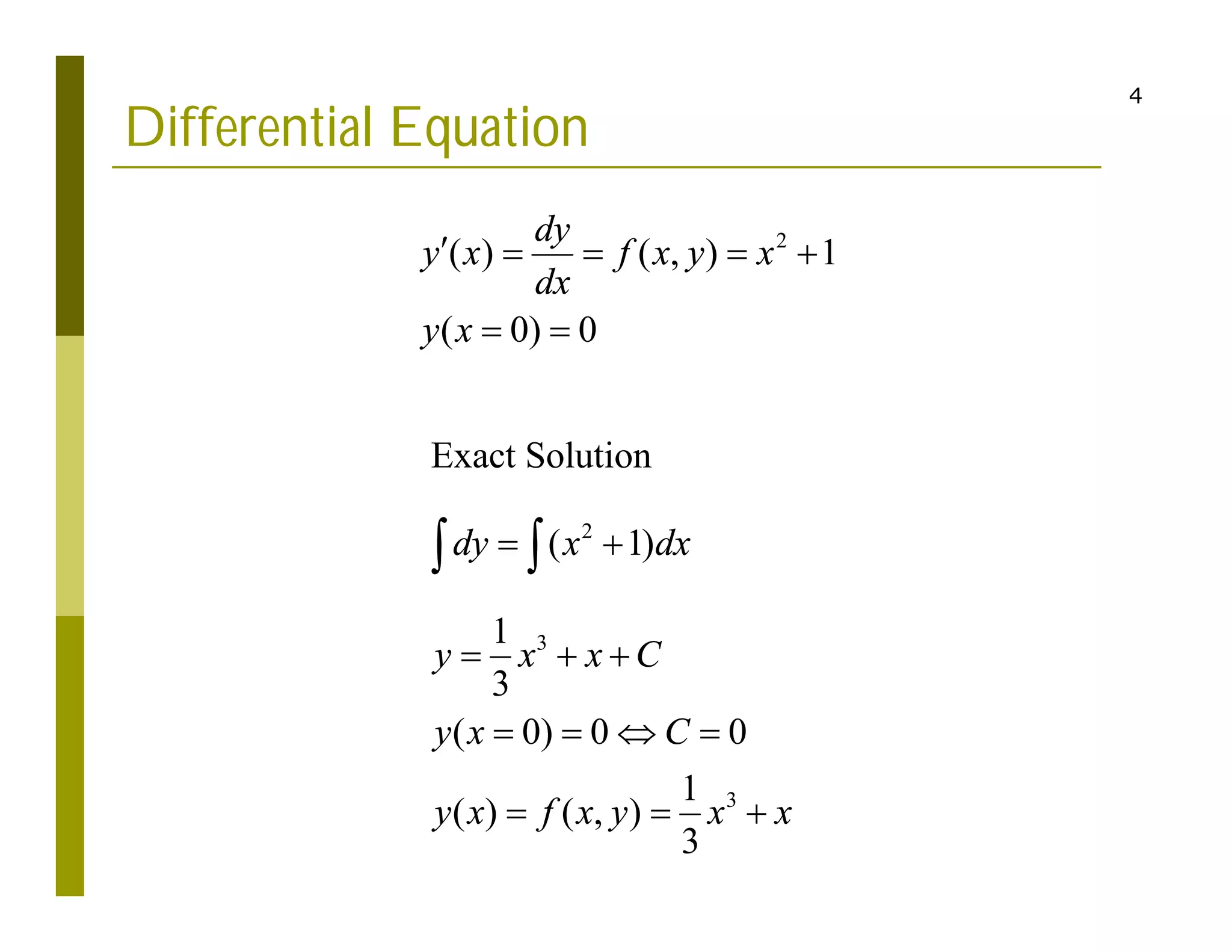 4
Differential Equation
2
( ) ( , ) 1
( 0) 0
dy
y x f x y x
dx
y x
    
 
2
3
3
Exact Solution
( 1)
1
3
( 0) 0 0
1
( ) ( , )
3
dy x dx
y x x C
y x C
y x f x y x x
 
  
   
  
 
 