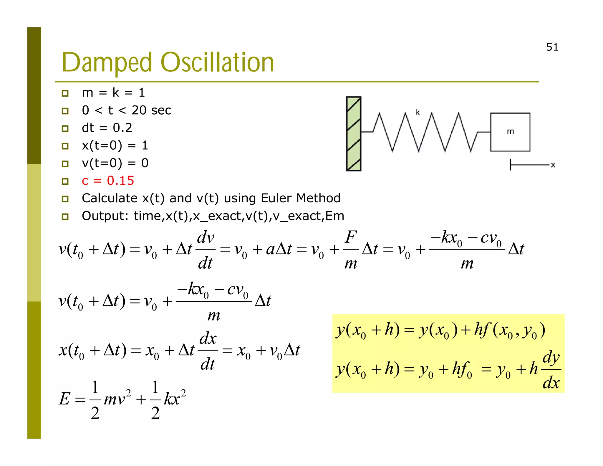 51
Damped Oscillation
 m = k = 1
 0 < t < 20 sec
 dt = 0.2
 x(t=0) = 1
 v(t=0) = 0
 c = 0.15
 Calculate x(t) and v(t) using Euler Method
 Output: time,x(t),x_exact,v(t),v_exact,Em
0 0 0 0
0 0 0 0
( ) ( ) ( , )
( )
y x h y x hf x y
dy
y x h y hf y h
dx
  
    
0 0
0 0 0 0 0
0 0
0 0
0 0 0 0
2 2
( )
( )
( )
1 1
2 2
kx cv
dv F
v t t v t v a t v t v t
dt m m
kx cv
v t t v t
m
dx
x t t x t x v t
dt
E mv kx
 
             
 
    
       
 
 