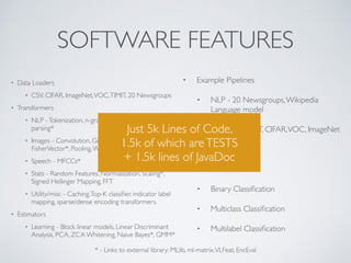 SOFTWARE FEATURES
• Data Loaders
• CSV, CIFAR, ImageNet,VOC,TIMIT, 20 Newsgroups
• Transformers
• NLP -Tokenization, n-grams, term frequency, NER*,
parsing*
• Images - Convolution, Grayscaling, LCS, SIFT*,
FisherVector*, Pooling,Windowing, HOG, Daisy
• Speech - MFCCs*
• Stats - Random Features, Normalization, Scaling*,
Signed Hellinger Mapping, FFT
• Utility/misc - Caching,Top-K classiﬁer, indicator label
mapping, sparse/dense encoding transformers.
• Estimators
• Learning - Block linear models, Linear Discriminant
Analysis, PCA, ZCA Whitening, Naive Bayes*, GMM*
• Example Pipelines
• NLP - 20 Newsgroups,Wikipedia
Language model
• Images - MNIST, CIFAR,VOC, ImageNet
• Speech -TIMIT
• Evaluation Metrics
• Binary Classiﬁcation
• Multiclass Classiﬁcation
• Multilabel Classiﬁcation
Just 5k Lines of Code,
1.5k of which areTESTS
+ 1.5k lines of JavaDoc
* - Links to external library: MLlib, ml-matrix,VLFeat, EncEval
 