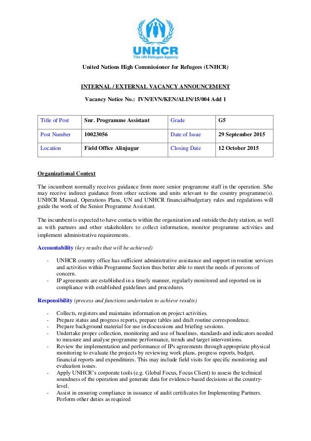 VACANCY: Snr Program Assistant G5 Alinjugur