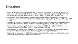 Literature
• Woo	
  C.K.,	
  Moorse.	
  J,	
  Schneiderman B.,	
  Ho.	
  T.,	
  Olson,	
  A.,	
  Alagappan.	
  L,	
  Chawla.	
  K.,	
  Toyama.	
  N.,	
  
Zarnikau.	
  J.,	
  	
  Merit-­‐order	
  effects	
  of	
  renewable	
  energy	
  and	
  price	
  divergence	
  in	
  California’s	
  day-­‐
ahead	
  and	
  real-­‐time	
  electricity	
  markets.	
  Energy	
  Policy,	
  V	
  92,	
  May,	
  2016,	
  pp.	
  299	
  – 312.	
  
• Nicolosi,	
  M.,	
  Wind	
  power	
  integration	
  and	
  power	
  system	
  flexibility–An	
  empirical	
  analysis	
  of	
  
extreme	
  events	
  in	
  Germany	
  under	
  the	
  new	
  negative	
  price	
  regime,	
  Energy	
  Policy.	
  3.	
  2010.	
  pp.	
  7257	
  
– 7268.	
  
• Steggals,	
  W.,	
  Gross.	
  R.,	
  Heptonstall,	
  P.	
  Winds	
  of	
  change:	
  How	
  high	
  wind	
  penetrations	
  will	
  affect	
  
investment	
  incentives	
  in	
  the	
  GB	
  electricity	
  sector.	
  Energy	
  Policy,	
  39,	
  2011,	
  pp.	
  1389	
  – 1396.	
  
• Baldursson,	
  F.	
  M.,	
  Lazarczyk,	
  E.,	
  Ovaere,	
  M.,	
  &	
  Proost,	
  S.	
  2016a.	
  Cross-­‐border	
  Exchange	
  and	
  
Sharing	
  of	
  Generation	
  Reserve	
  Capacity.	
  IAEE	
  Energy	
  Forum.	
  July.
• Baldursson,	
  F.	
  M.,	
  Lazarczyk,	
  E.,	
  Ovaere,	
  M.,	
  &	
  Proost,	
  S.	
  2016b.	
  Multi-­‐TSO	
  system	
  reliability:	
  
Cross-­‐border	
  balancing.	
  IEEE	
  International	
  Energy	
  Conference	
  (ENERGYCON).
• Fogelberg,	
  S.,	
  Lazarczyk,	
  E.,	
  2015,	
  Wind	
  Power	
  Volatility	
  and	
  the	
  Impact	
  on	
  Failure	
  Rates	
  in	
  the	
  
Nordic	
  Electricity	
  Market,	
  IFN	
  Working	
  Paper	
  1065.	
  
18
 