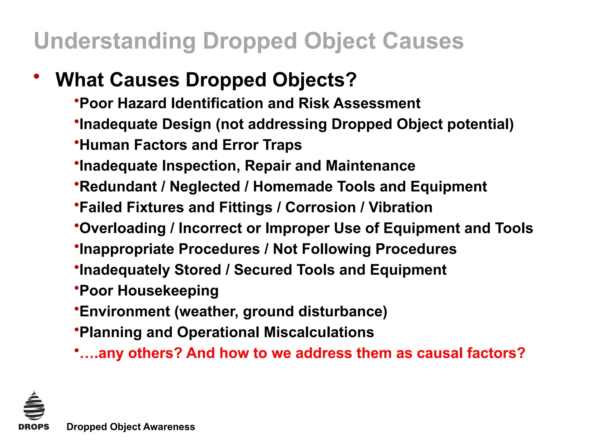 Dropped Object Awareness
Understanding Dropped Object Causes
• What Causes Dropped Objects?
•Poor Hazard Identification and Risk Assessment
•Inadequate Design (not addressing Dropped Object potential)
•Human Factors and Error Traps
•Inadequate Inspection, Repair and Maintenance
•Redundant / Neglected / Homemade Tools and Equipment
•Failed Fixtures and Fittings / Corrosion / Vibration
•Overloading / Incorrect or Improper Use of Equipment and Tools
•Inappropriate Procedures / Not Following Procedures
•Inadequately Stored / Secured Tools and Equipment
•Poor Housekeeping
•Environment (weather, ground disturbance)
•Planning and Operational Miscalculations
•….any others? And how to we address them as causal factors?
 