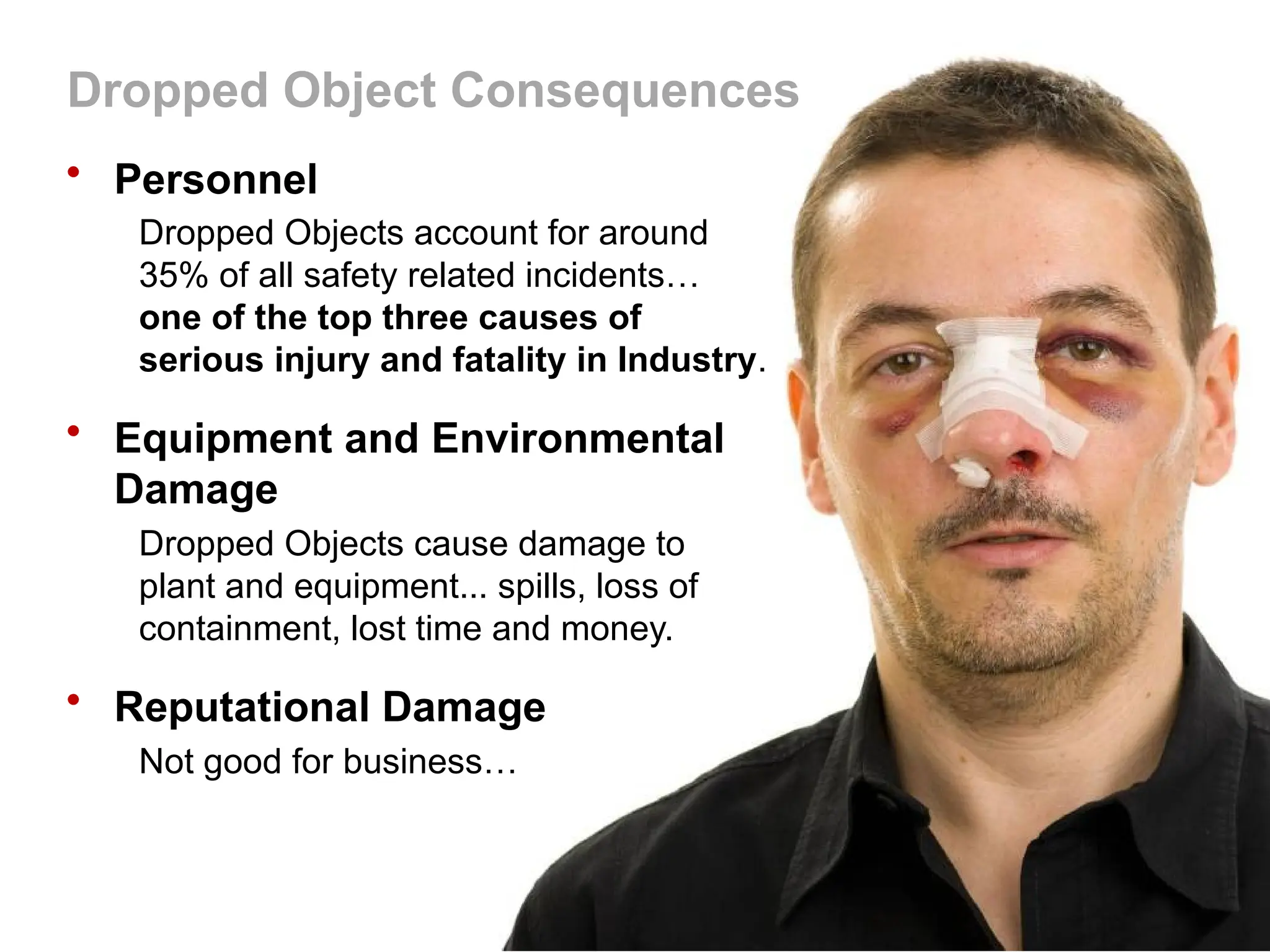 Dropped Object Awareness
• Personnel
Dropped Objects account for around
35% of all safety related incidents…
one of the top three causes of
serious injury and fatality in Industry.
• Equipment and Environmental
Damage
Dropped Objects cause damage to
plant and equipment... spills, loss of
containment, lost time and money.
• Reputational Damage
Not good for business…
Dropped Object Consequences
 
