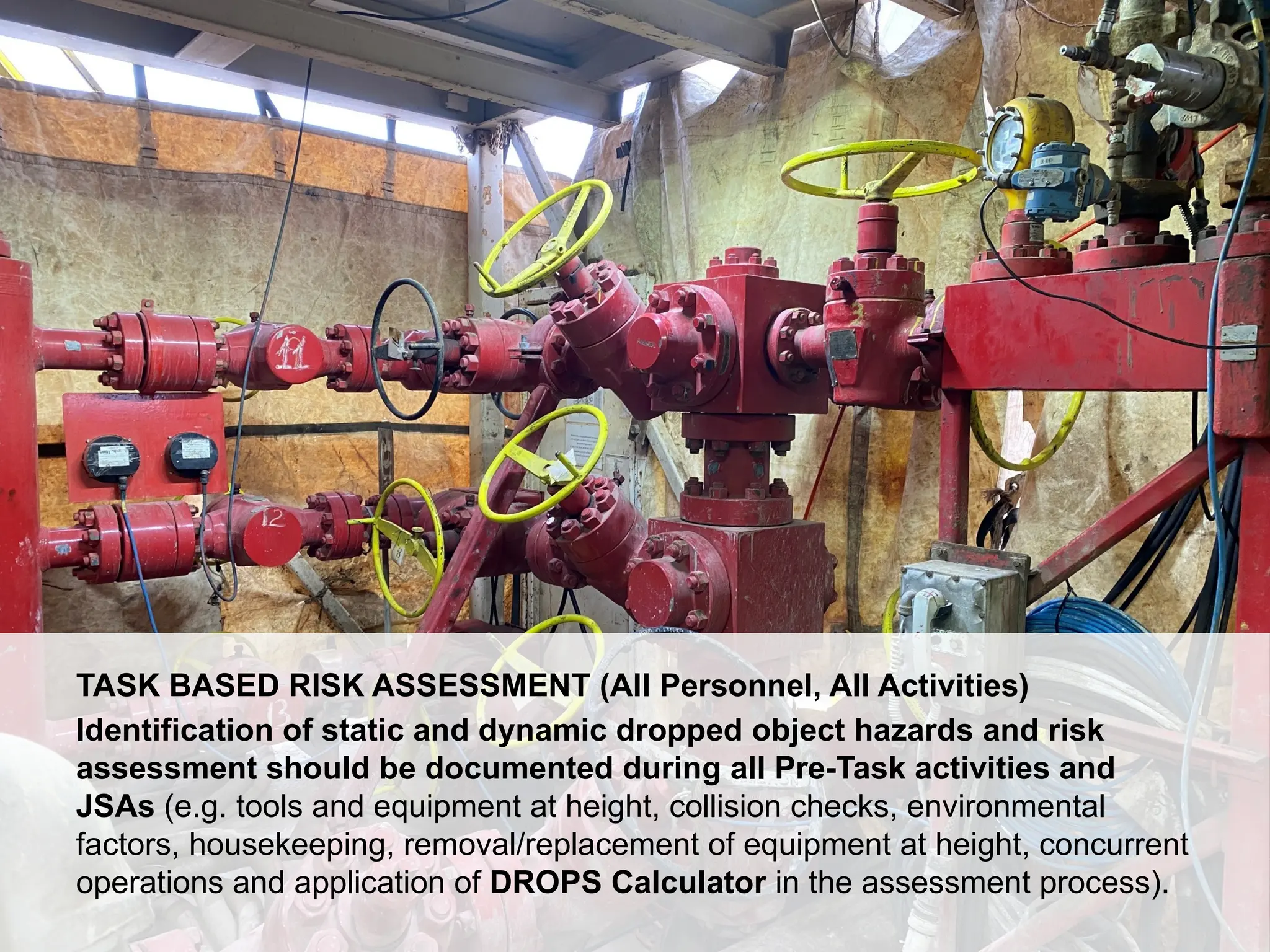 Dropped Object Awareness
TASK BASED RISK ASSESSMENT (All Personnel, All Activities)
Identification of static and dynamic dropped object hazards and risk
assessment should be documented during all Pre-Task activities and
JSAs (e.g. tools and equipment at height, collision checks, environmental
factors, housekeeping, removal/replacement of equipment at height, concurrent
operations and application of DROPS Calculator in the assessment process).
 