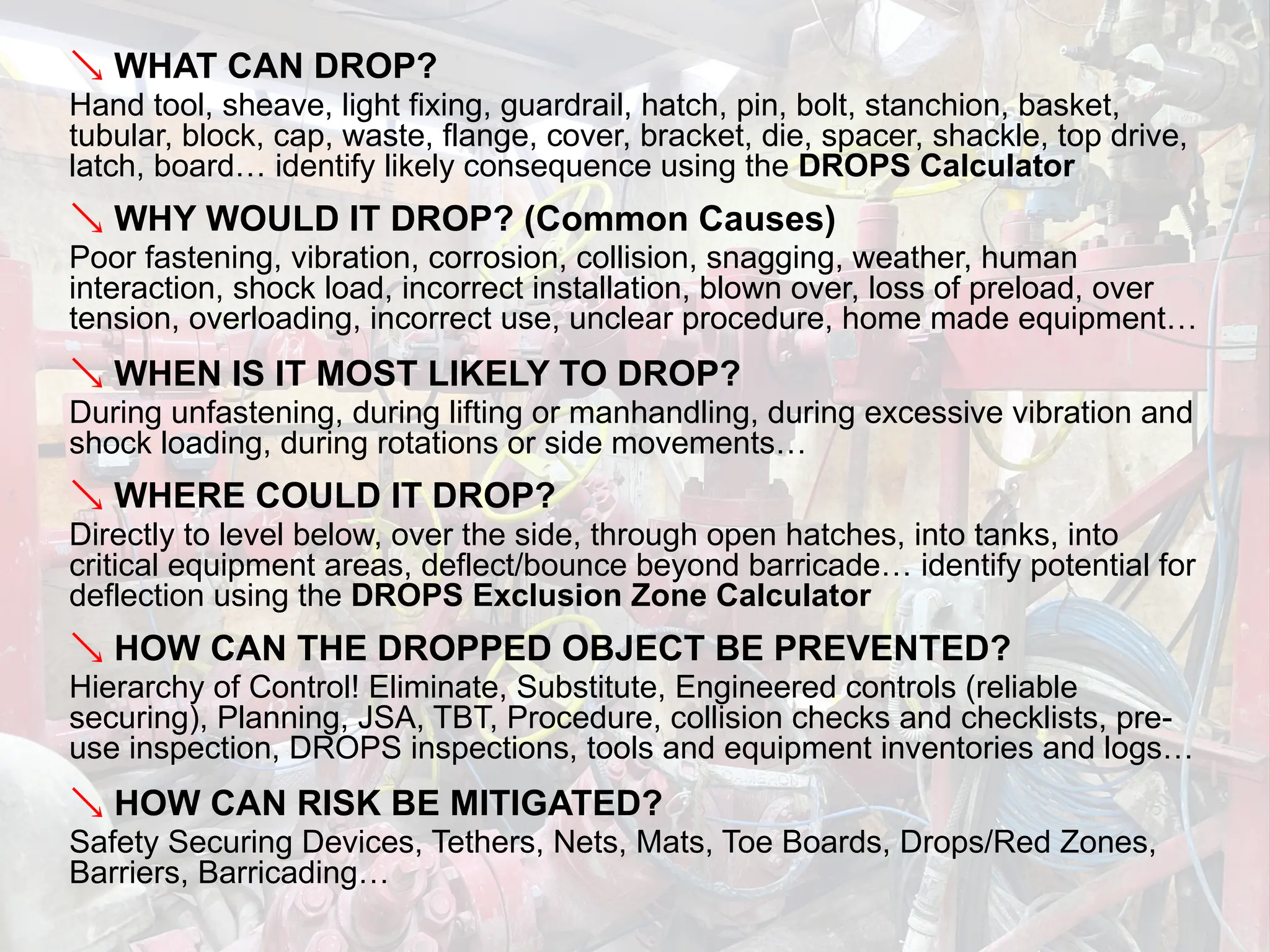  WHAT CAN DROP?
Hand tool, sheave, light fixing, guardrail, hatch, pin, bolt, stanchion, basket,
tubular, block, cap, waste, flange, cover, bracket, die, spacer, shackle, top drive,
latch, board… identify likely consequence using the DROPS Calculator
 WHY WOULD IT DROP? (Common Causes)
Poor fastening, vibration, corrosion, collision, snagging, weather, human
interaction, shock load, incorrect installation, blown over, loss of preload, over
tension, overloading, incorrect use, unclear procedure, home made equipment…
 WHEN IS IT MOST LIKELY TO DROP?
During unfastening, during lifting or manhandling, during excessive vibration and
shock loading, during rotations or side movements…
 WHERE COULD IT DROP?
Directly to level below, over the side, through open hatches, into tanks, into
critical equipment areas, deflect/bounce beyond barricade… identify potential for
deflection using the DROPS Exclusion Zone Calculator
 HOW CAN THE DROPPED OBJECT BE PREVENTED?
Hierarchy of Control! Eliminate, Substitute, Engineered controls (reliable
securing), Planning, JSA, TBT, Procedure, collision checks and checklists, pre-
use inspection, DROPS inspections, tools and equipment inventories and logs…
 HOW CAN RISK BE MITIGATED?
Safety Securing Devices, Tethers, Nets, Mats, Toe Boards, Drops/Red Zones,
Barriers, Barricading…
 