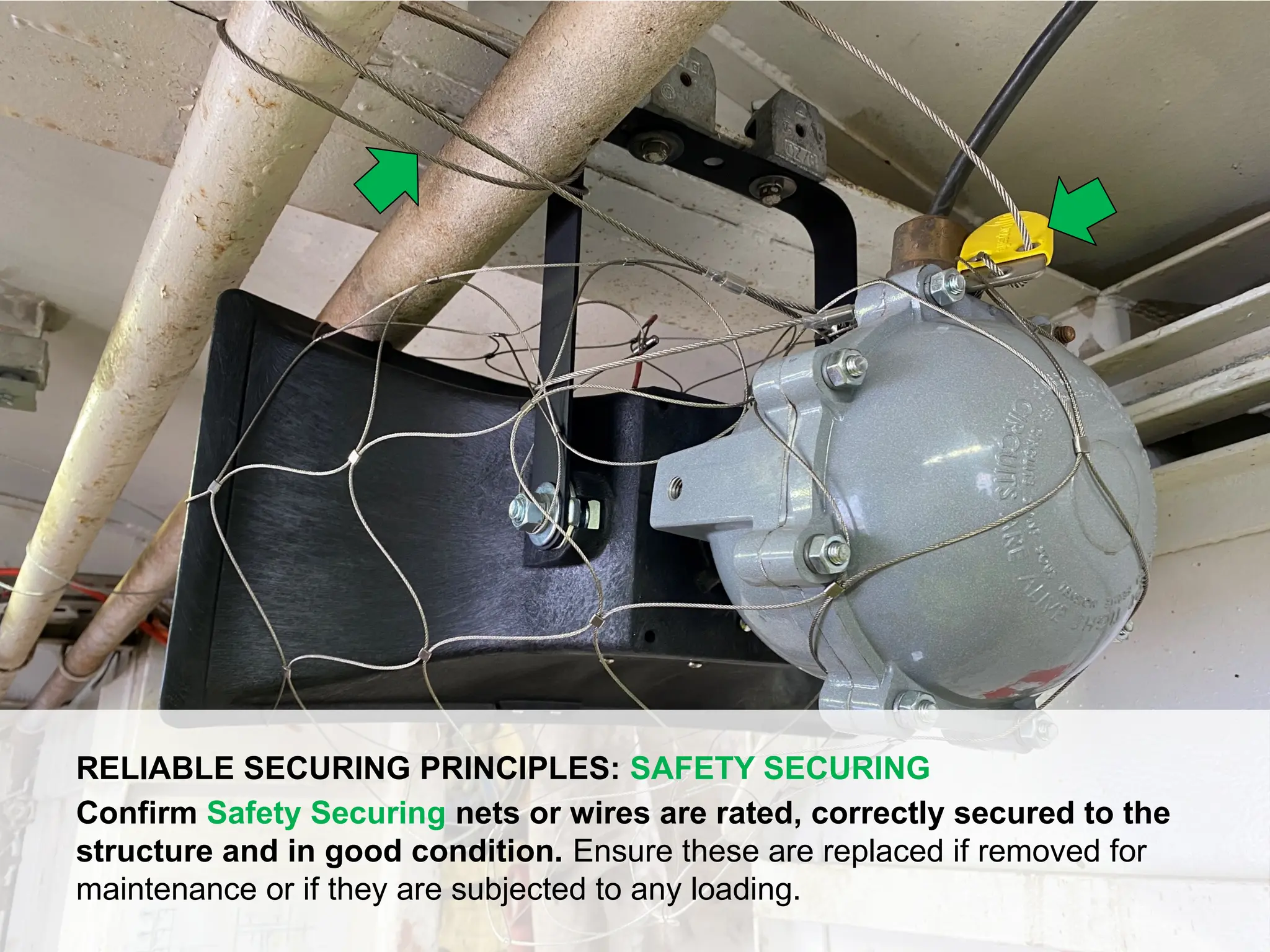 Dropped Object Awareness
RELIABLE SECURING PRINCIPLES: SAFETY SECURING
Confirm Safety Securing nets or wires are rated, correctly secured to the
structure and in good condition. Ensure these are replaced if removed for
maintenance or if they are subjected to any loading.
 
