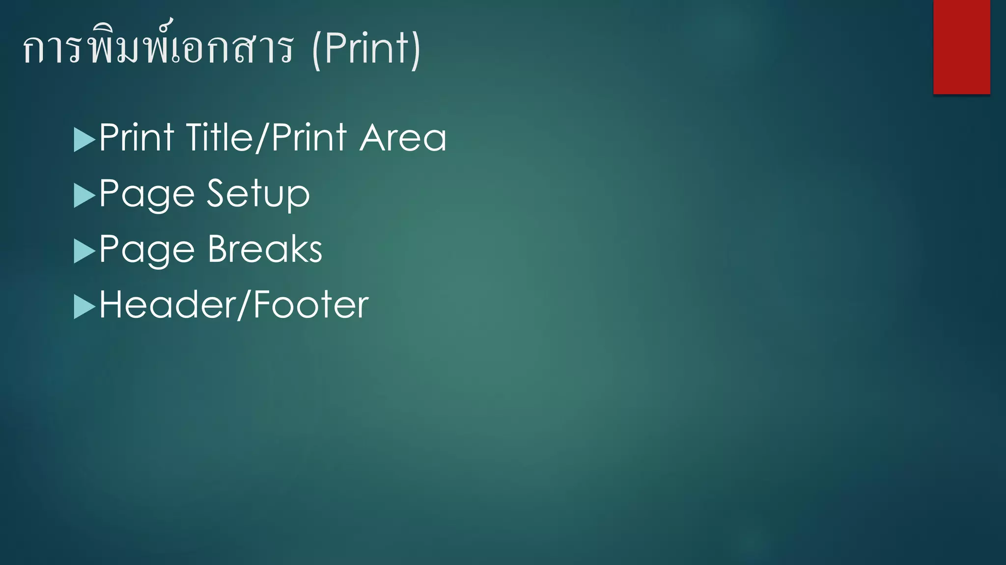 การพิมพ์เอกสาร (Print)
Print Title/Print Area
Page Setup
Page Breaks
Header/Footer
 