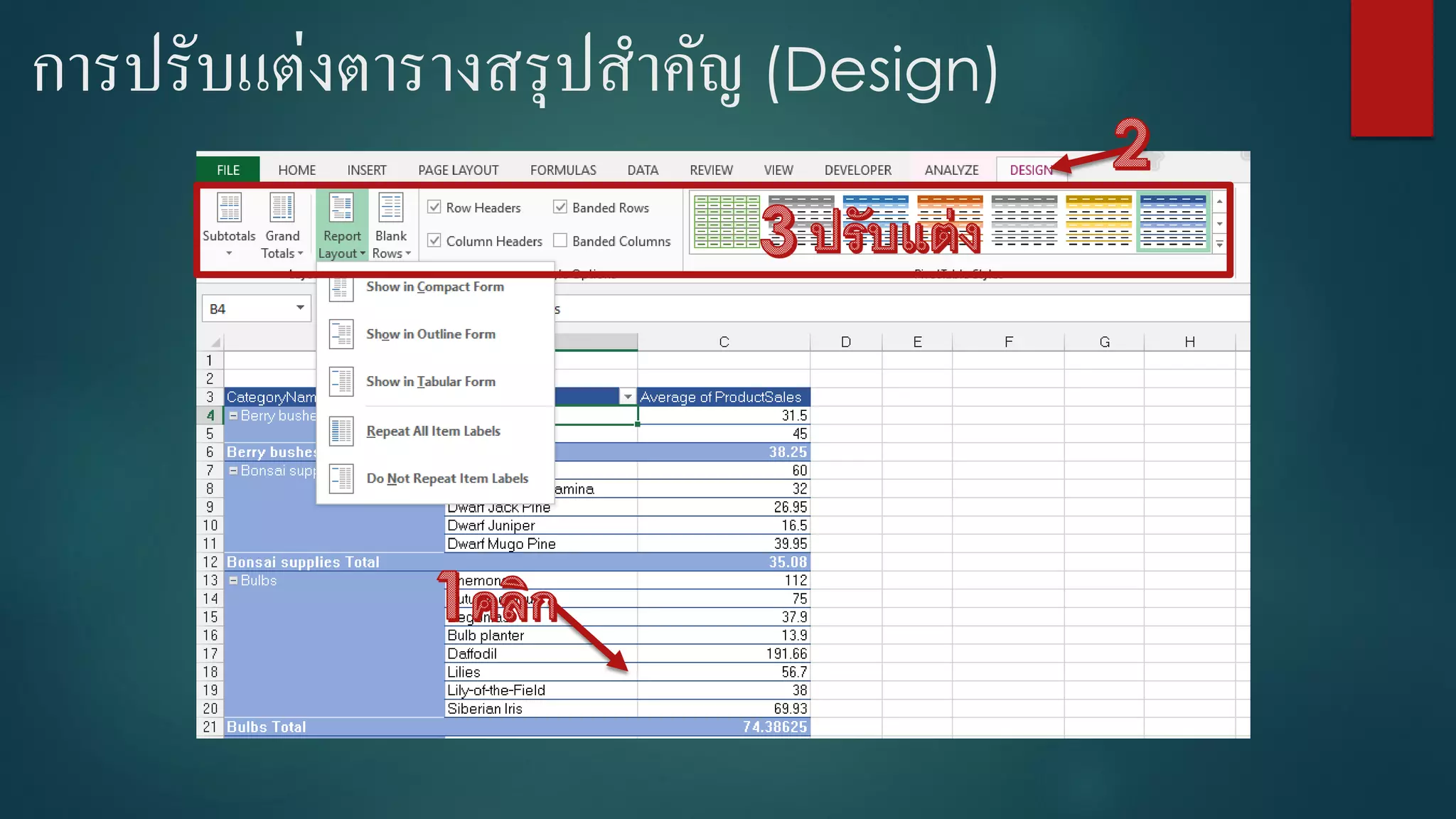 การปรับแต่งตารางสรุปสาคัญ (Design)
 