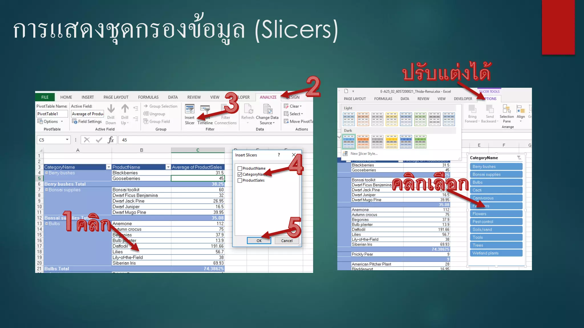การแสดงชุดกรองข้อมูล (Slicers)
 